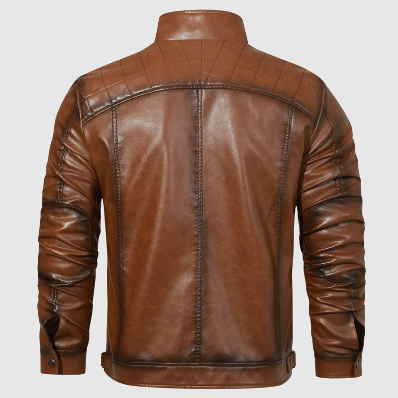 Niko Men’s Slim Fit Leather Jacket – Vintage Brown PU Biker Style with Stand Collar