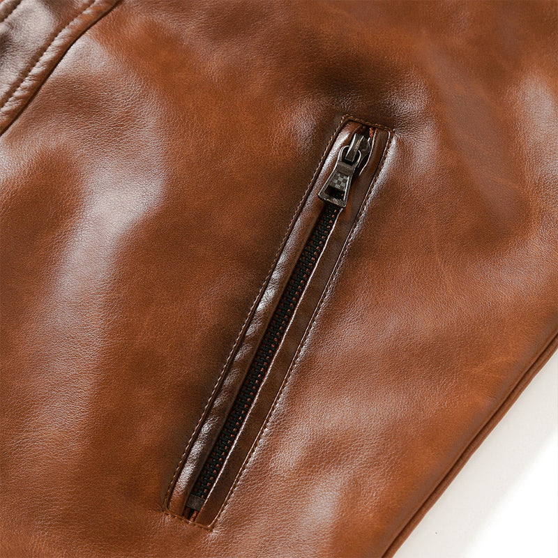 Niko Men’s Slim Fit Leather Jacket – Vintage Brown PU Biker Style with Stand Collar