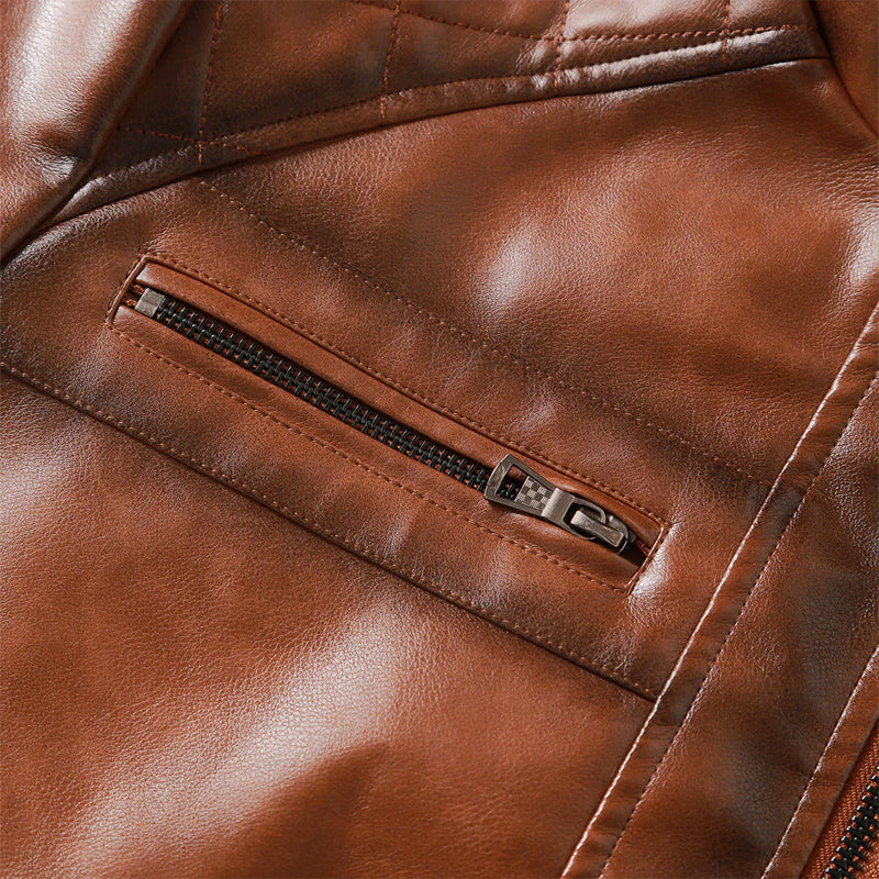 Niko Men’s Slim Fit Leather Jacket – Vintage Brown PU Biker Style with Stand Collar
