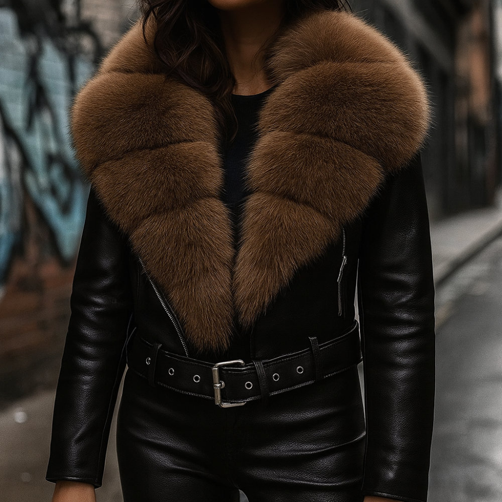 Maybelyn Women’s Leather Jacket – Patent Finish with Faux Fox Collar