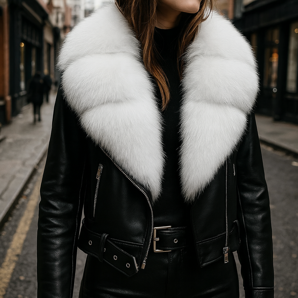 Maybelyn Women’s Leather Jacket – Patent Finish with Faux Fox Collar