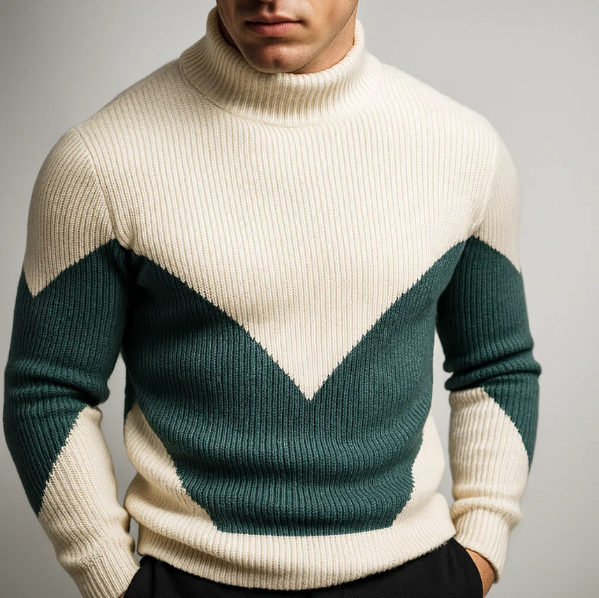 Bruno Men’s Knit Sweater – Ribbed Cotton Chevron Turtleneck Pullover