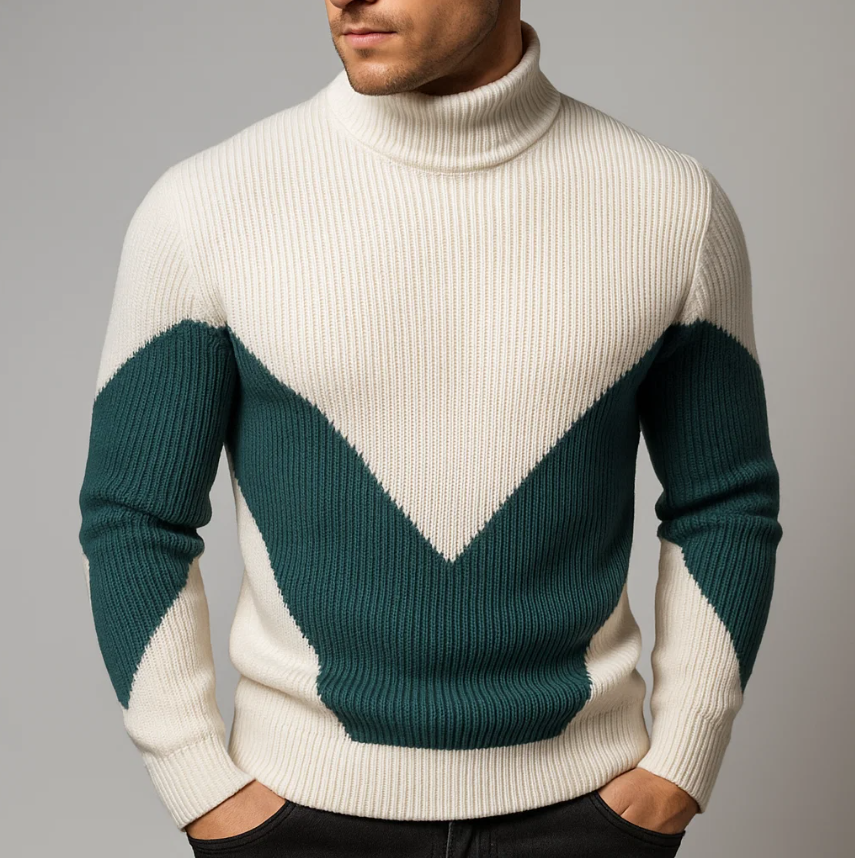 Bruno Men’s Knit Sweater – Ribbed Cotton Chevron Turtleneck Pullover