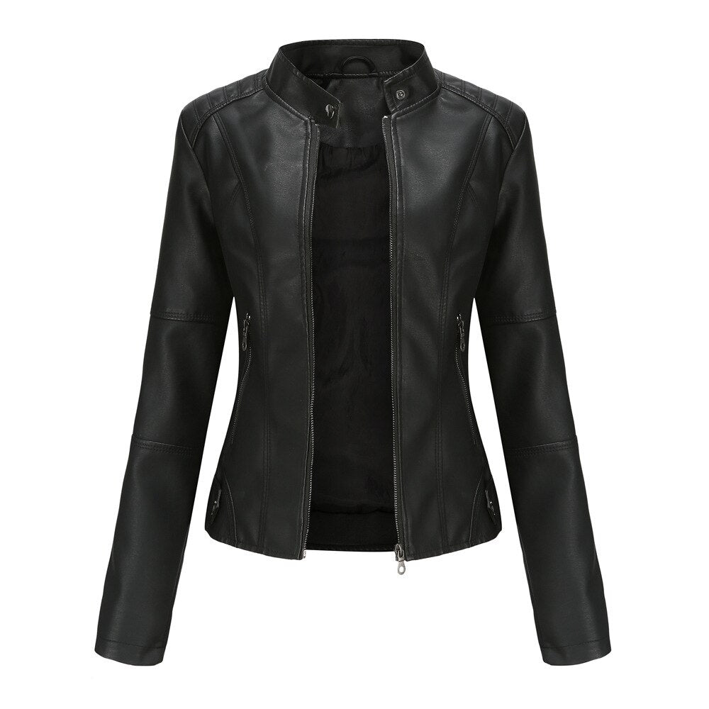 Alessia Women’s Leather Jacket – Elegant PU Design with Mandarin Collar