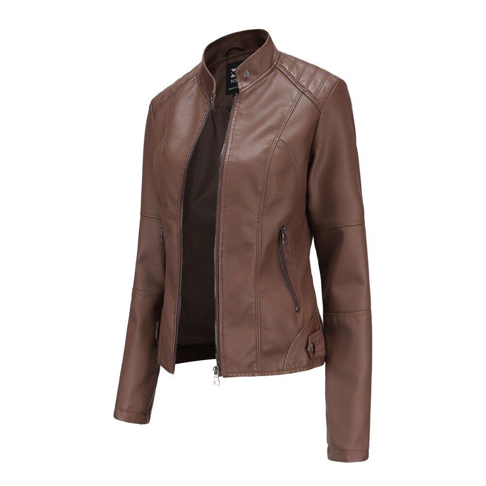 Alessia Women’s Leather Jacket – Elegant PU Design with Mandarin Collar