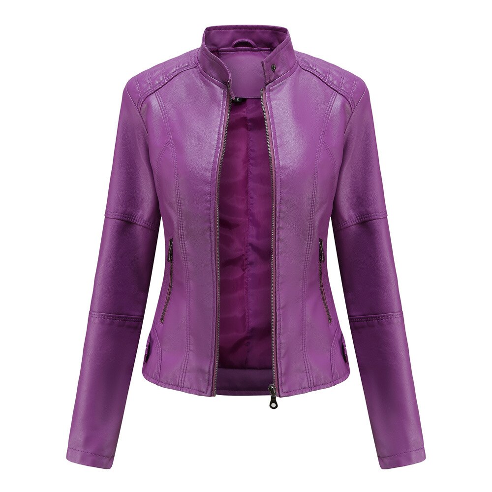 Alessia Women’s Leather Jacket – Elegant PU Design with Mandarin Collar