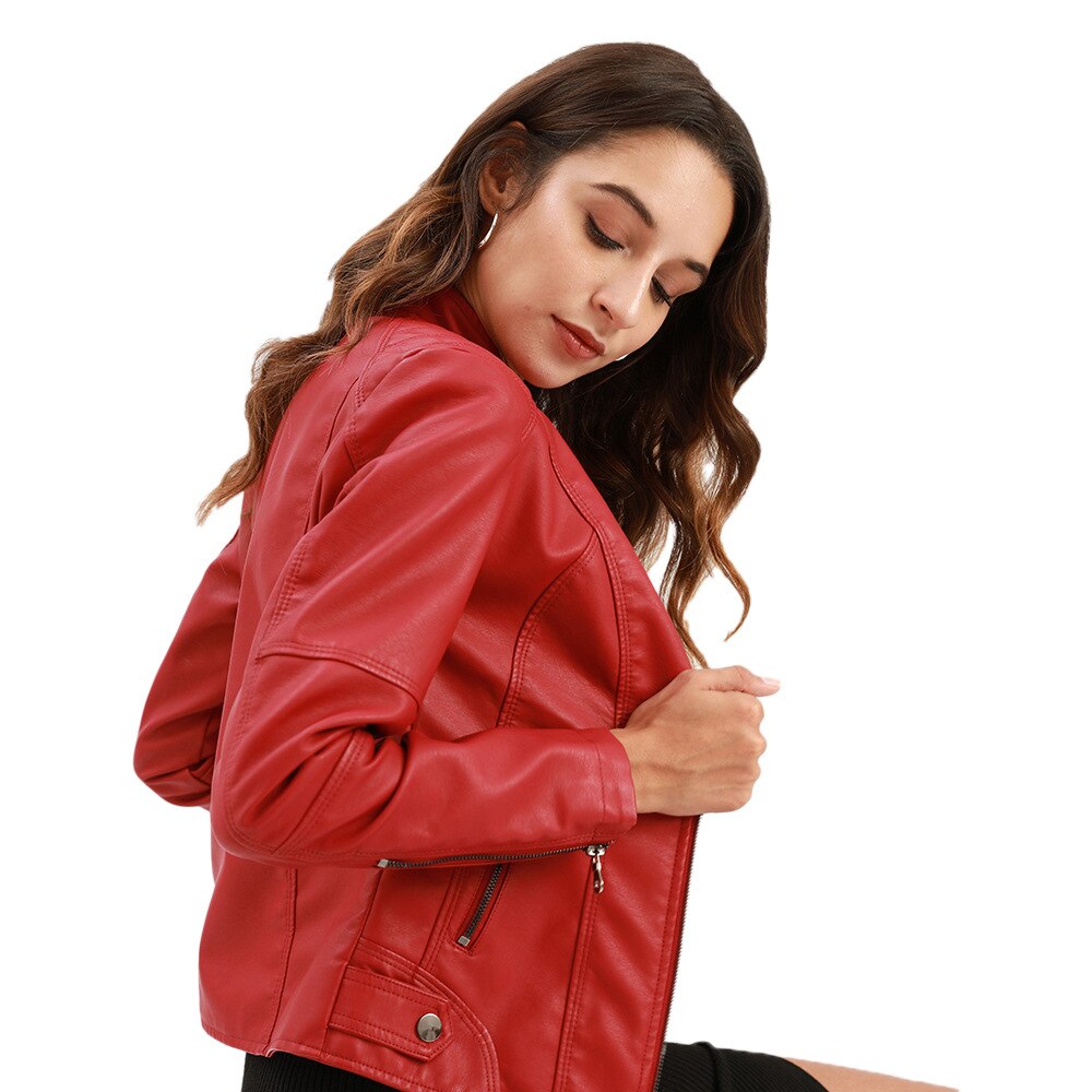 Alessia Women’s Leather Jacket – Elegant PU Design with Mandarin Collar