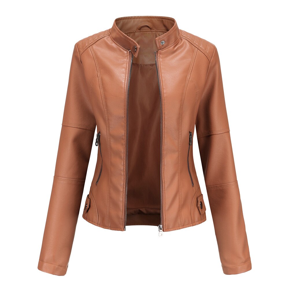Alessia Women’s Leather Jacket – Elegant PU Design with Mandarin Collar