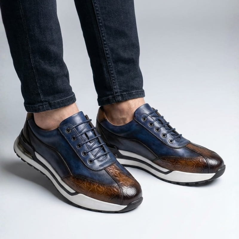 Louis Croc Embossed Leather Trainers – Genuine Cowhide Casual Shoes