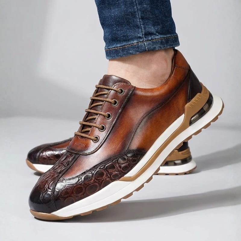 Louis Croc Embossed Leather Trainers – Genuine Cowhide Casual Shoes