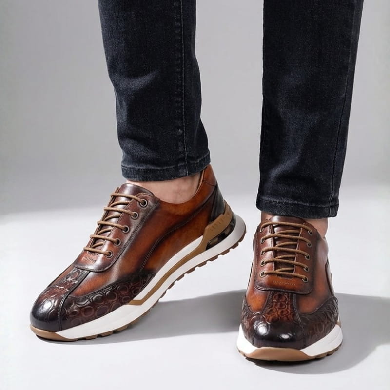 Louis Croc Embossed Leather Trainers – Genuine Cowhide Casual Shoes
