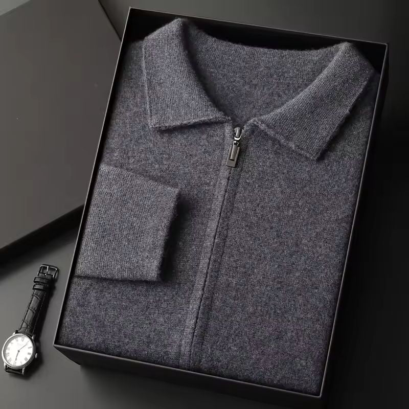 Harrison Men’s Cashmere Cardigan – Polo Collar Zip-Up Knit Sweater