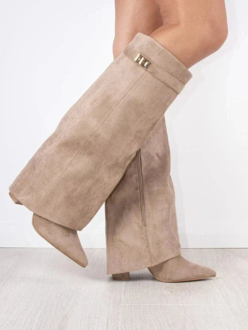 Giulia Women’s Knee High Boots – Flap Overlay Design with Pointed Toe & Block Heel