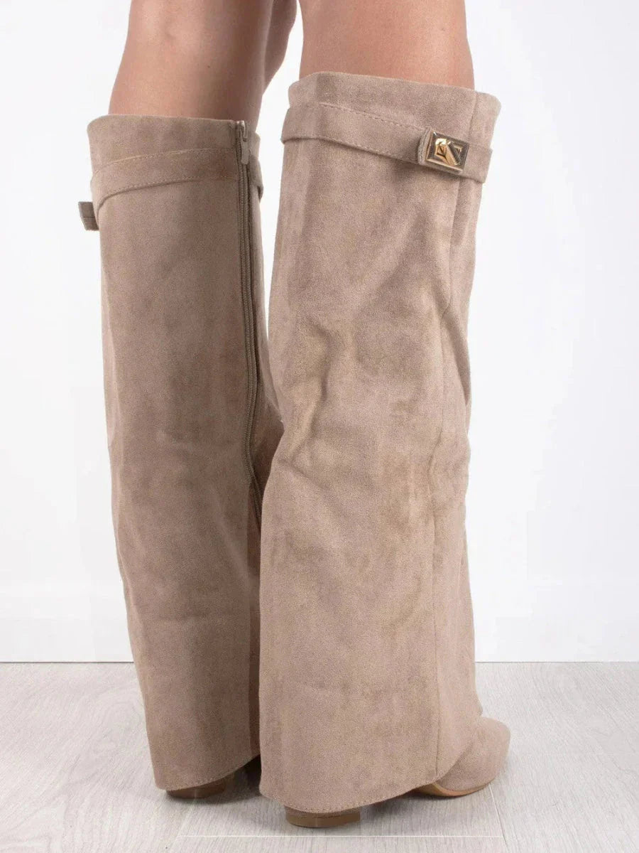 Giulia Women’s Knee High Boots – Flap Overlay Design with Pointed Toe & Block Heel