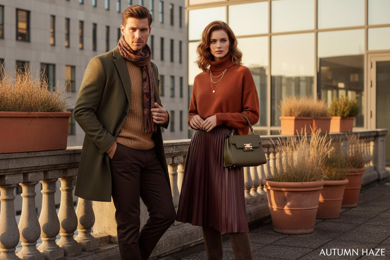 a handsome man and and attractive women in a photoshoot for a fashionwear brand in fall clothing - professional