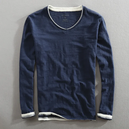 Randy Men’s Cotton Long Sleeve Shirt – Minimalist Vintage Fit with Contrast Trim