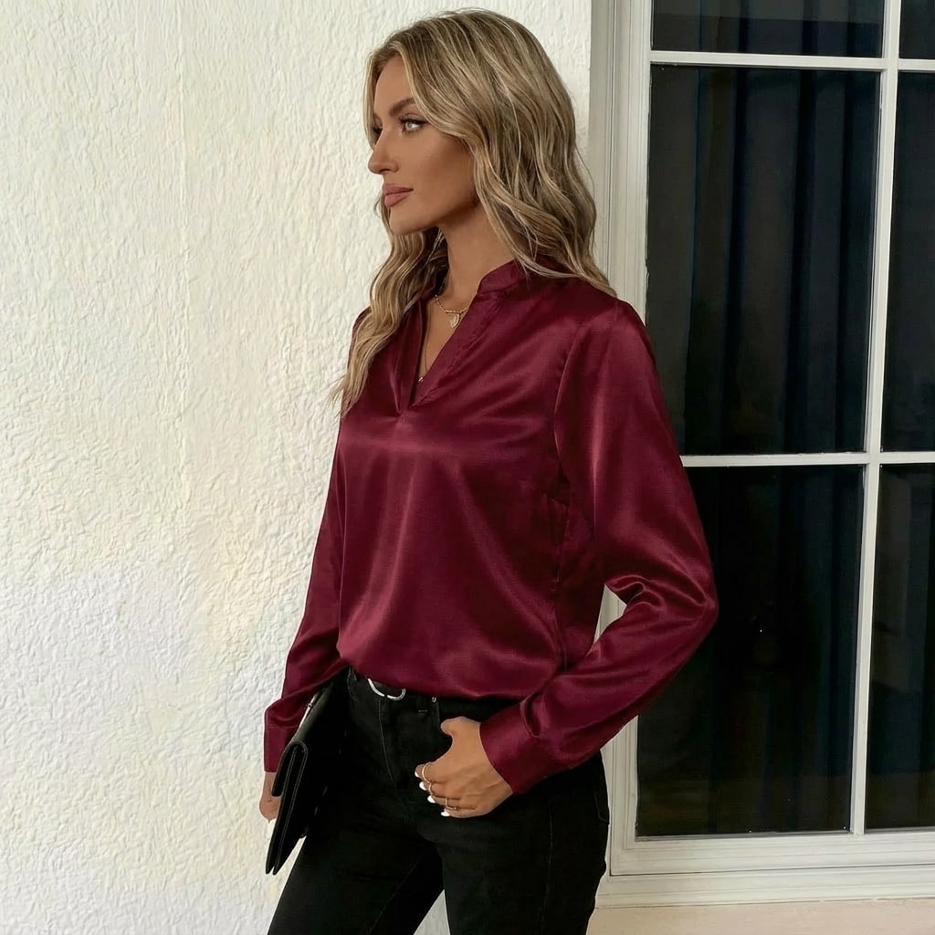 Cindy Women’s Blouse – Smooth Satin V-Neck Blouse