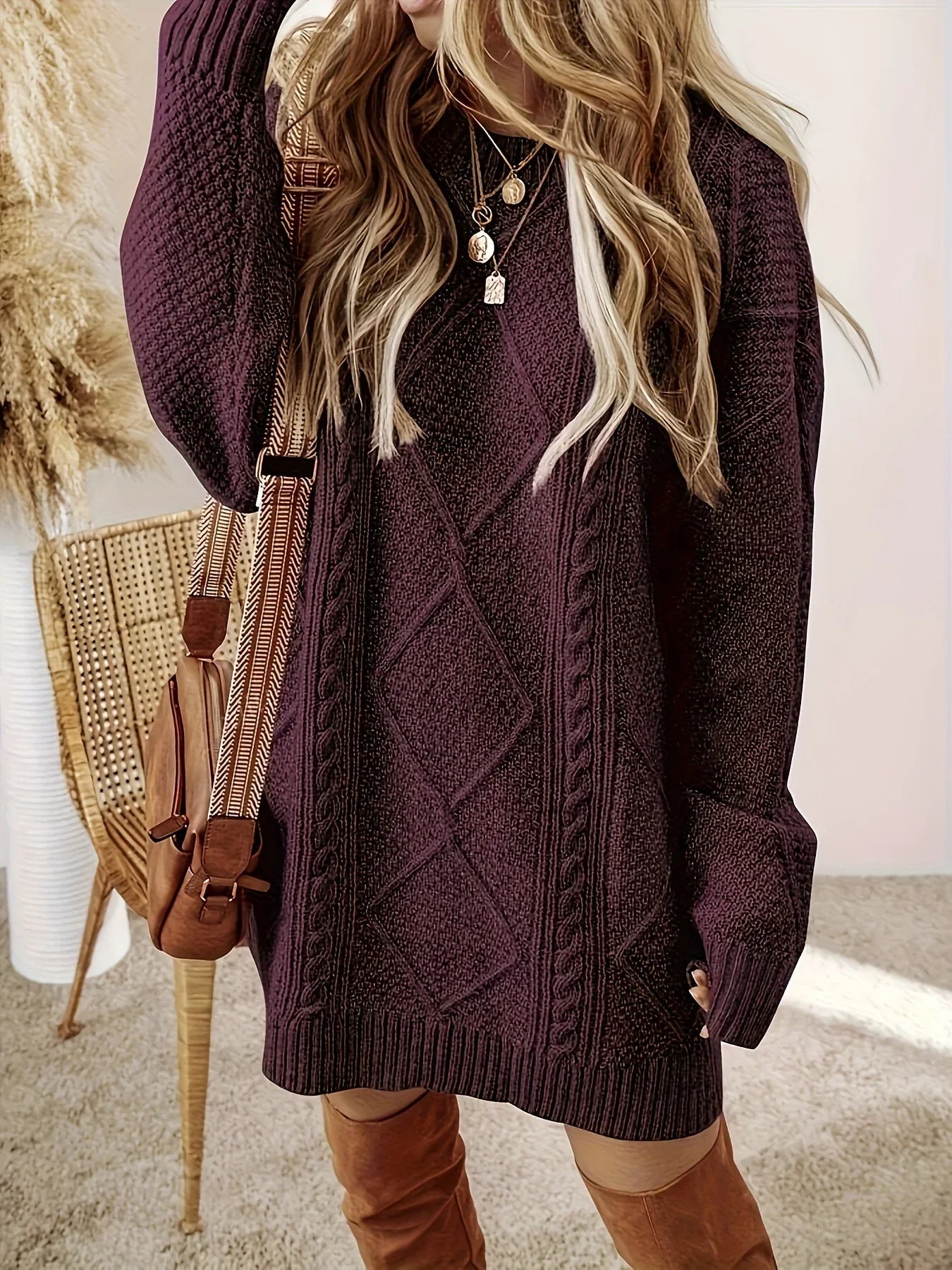 Juliette Women’s Cable Knit Sweater Dress – Cotton-Blend Oversized Jumper