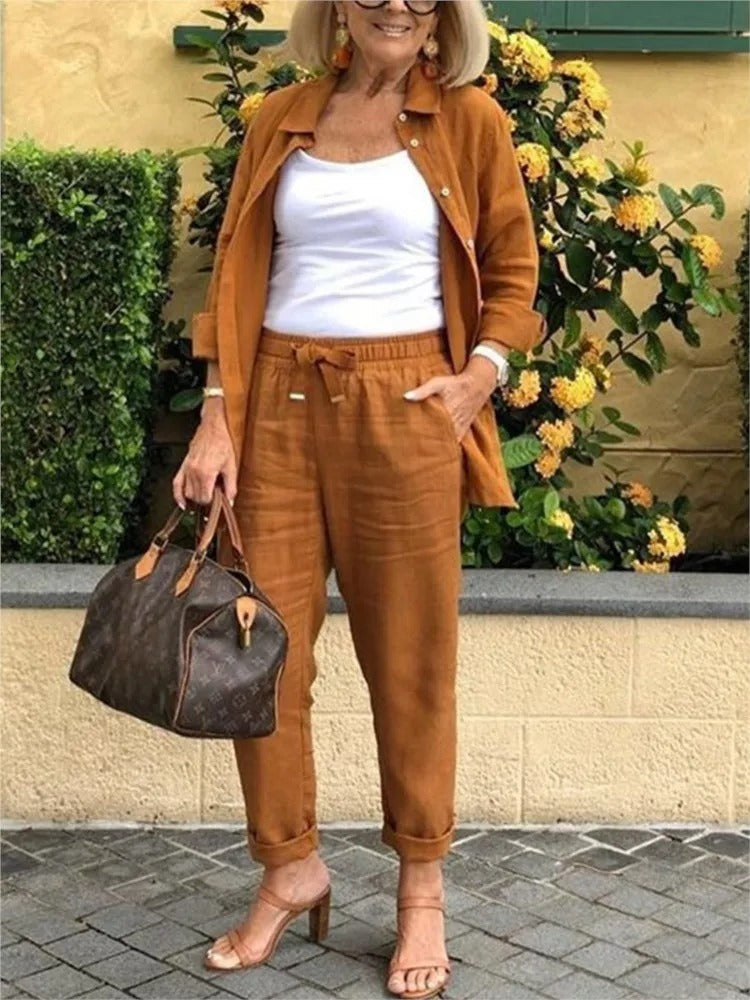 Hira Women’s Linen Set – Long Sleeve Button Shirt & Drawstring Pants