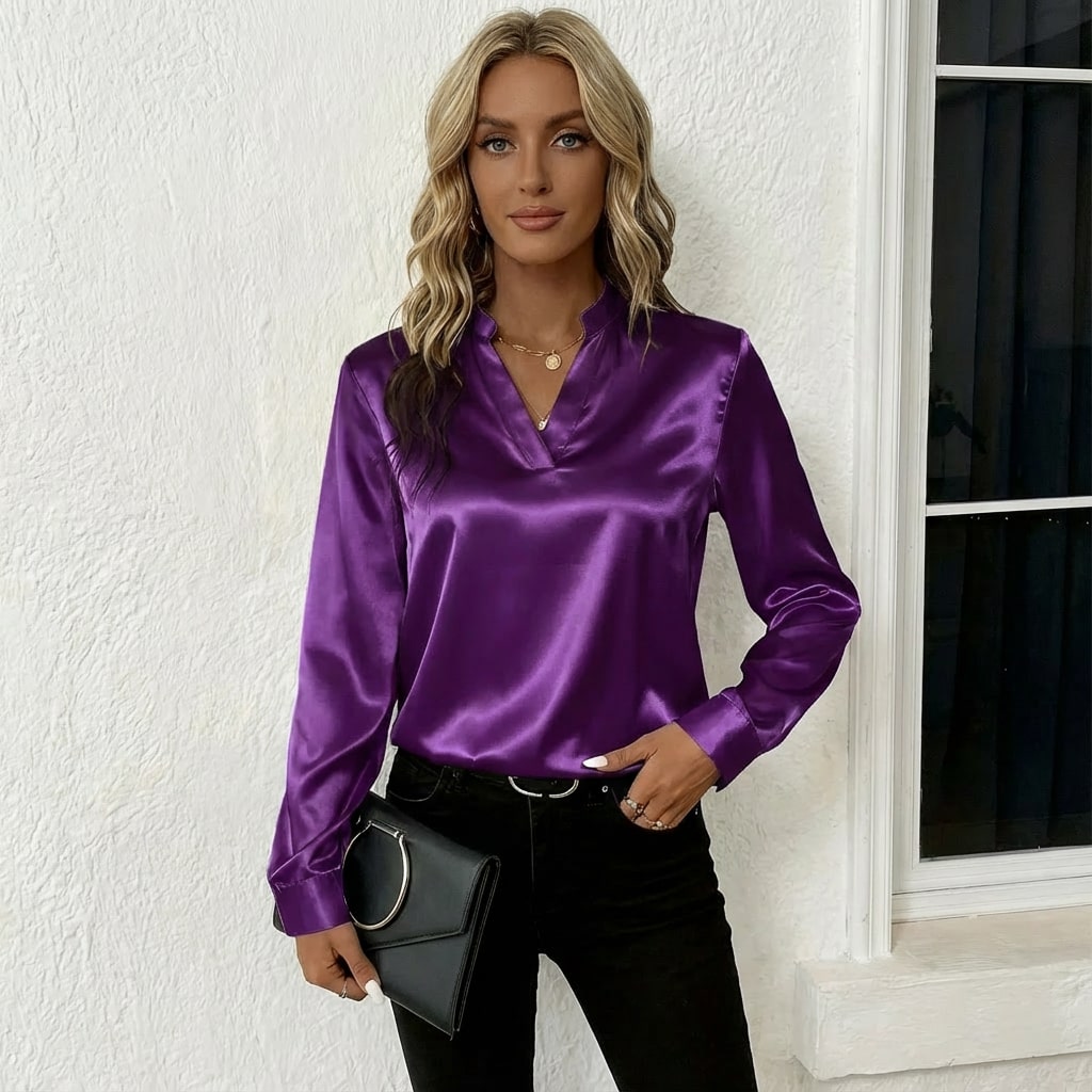 Cindy Women’s Blouse – Smooth Satin V-Neck Blouse