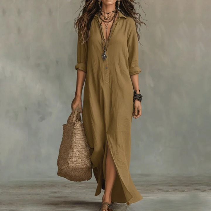 Amara Cotton Linen Shirt Maxi Dress – Turn-Down Collar Long-Sleeve Loose Flowy Silhouette