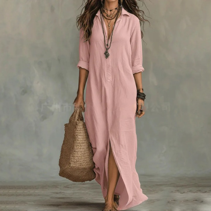Amara Cotton Linen Shirt Maxi Dress – Turn-Down Collar Long-Sleeve Loose Flowy Silhouette