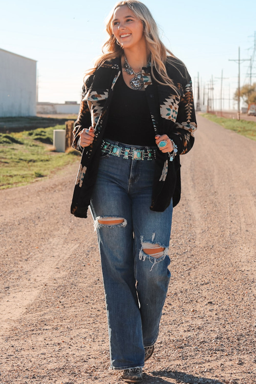Black Fleece Shacket with Aztec Print - Trendy and Comfortable