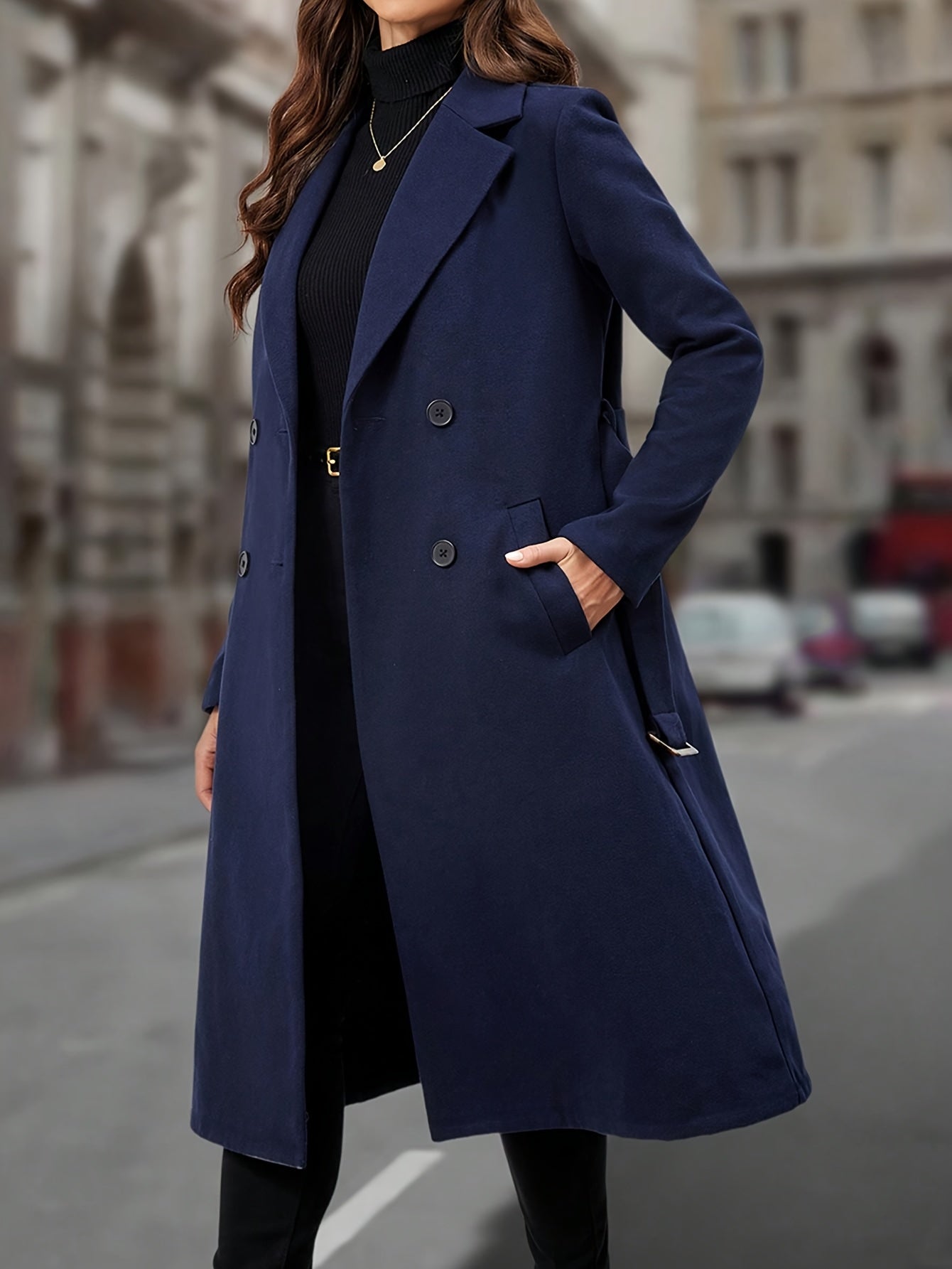 Romina Women’s Long Coat – Double-Breasted with Belted Waist Winter Coat