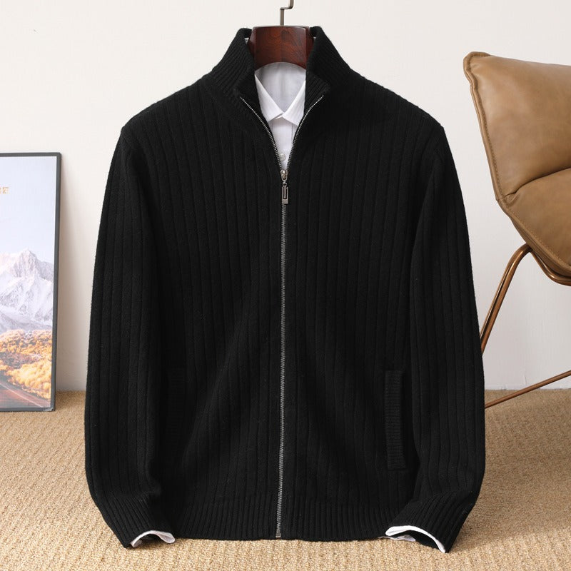 Damien Men’s Cashmere Sweater – Ribbed Zip Pullover with High Collar