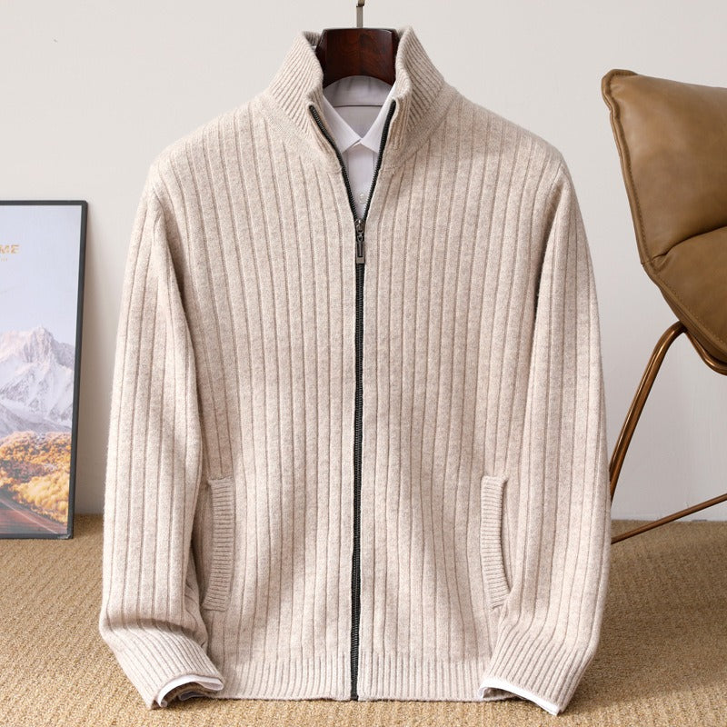 Damien Men’s Cashmere Sweater – Ribbed Zip Pullover with High Collar