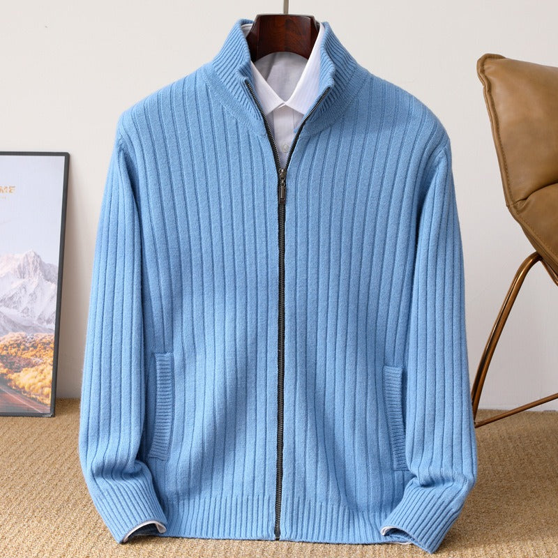 Damien Men’s Cashmere Sweater – Ribbed Zip Pullover with High Collar