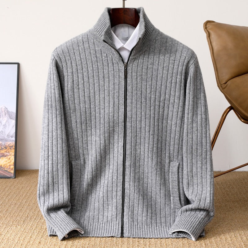Damien Men’s Cashmere Sweater – Ribbed Zip Pullover with High Collar