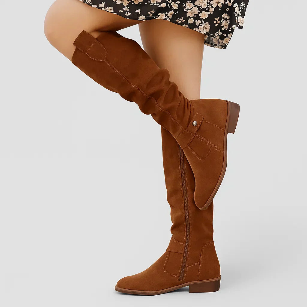 Mirella Women’s Tall Boots – Side Zip Low Heel Design