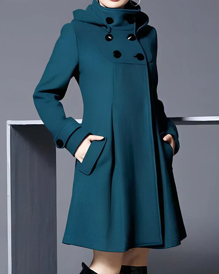 Claudia Women’s Hooded Wool Coat – Double-Breasted Trench Coat