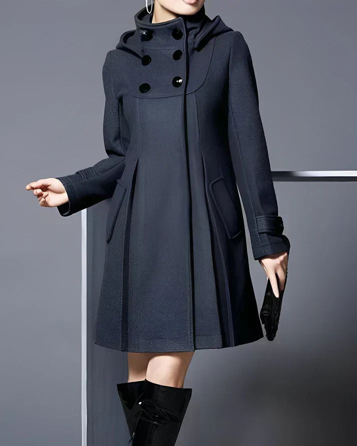Claudia Women’s Hooded Wool Coat – Double-Breasted Trench Coat