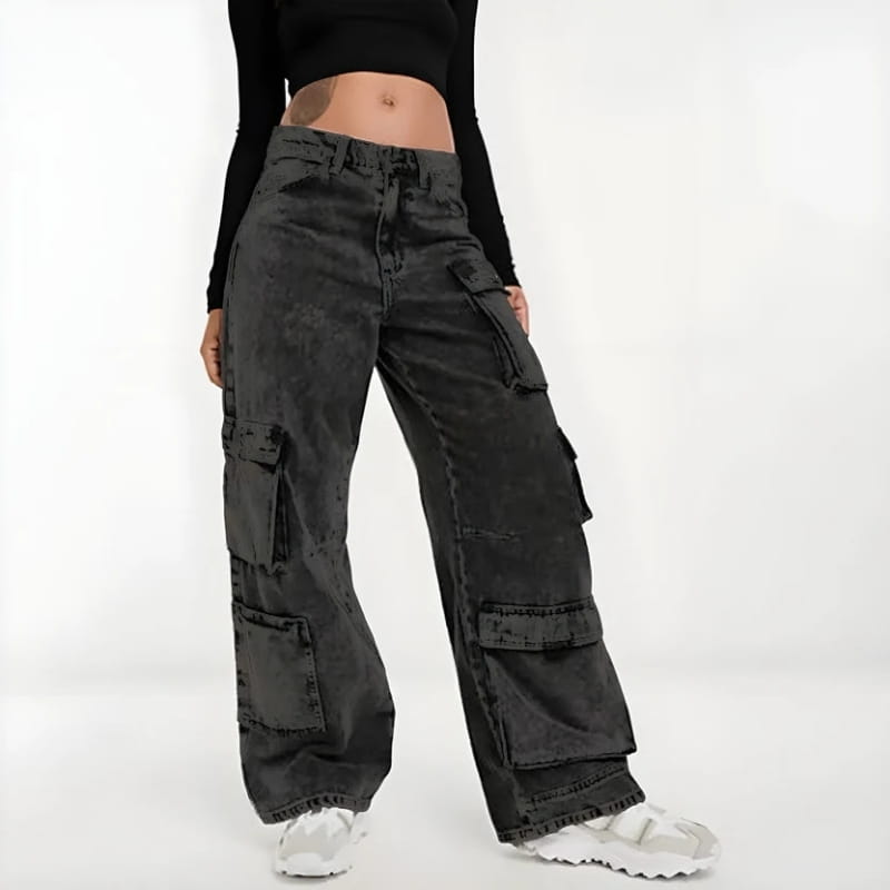 Alessia Acid Wash Cargo Pants – High-Waist Relaxed Streetwear Trousers