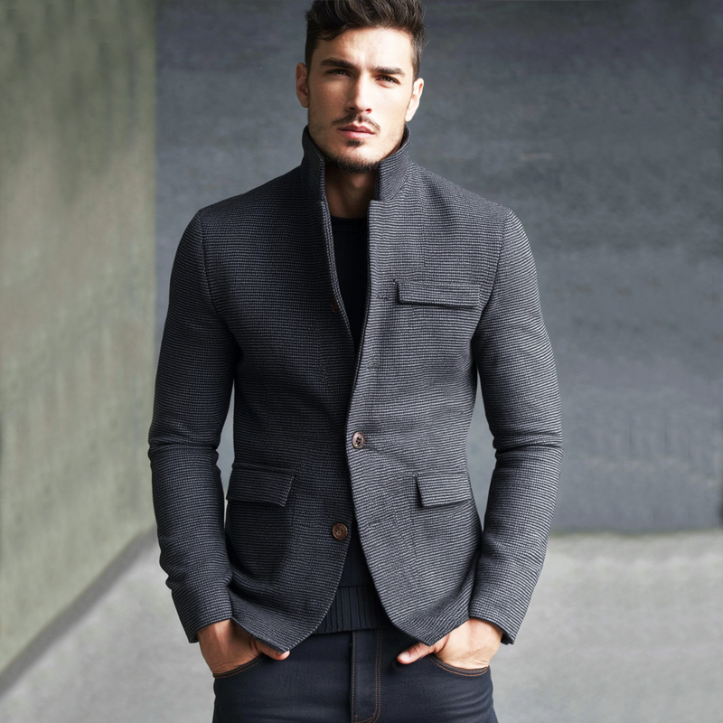 Elias Men’s Blazer Jacket – Textured Button-Up Stand Collar Jacket