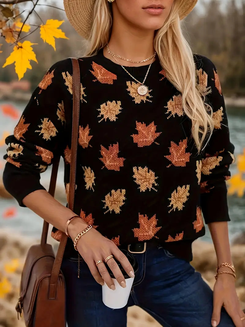 Camille Women’s Knit Pullover – Maple Leaf Pattern Wool Sweater