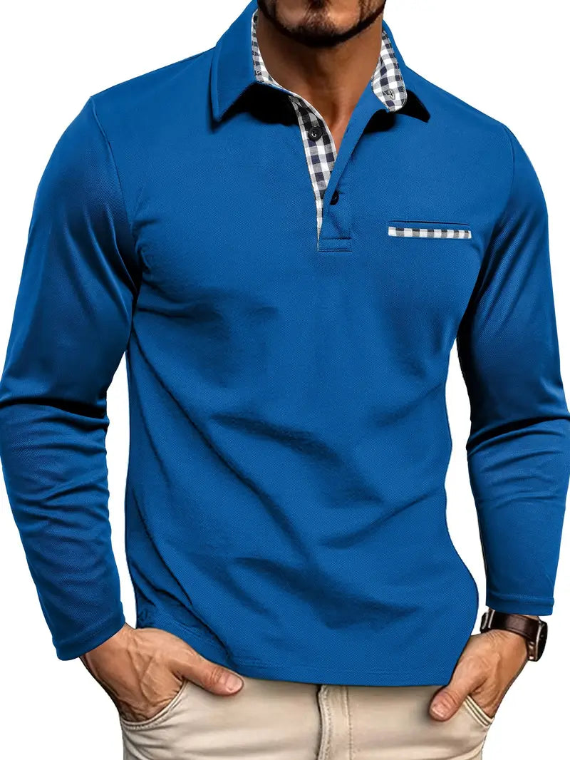 Henry Men’s Long Sleeve Polo Shirt – Cotton Blend with Check Collar
