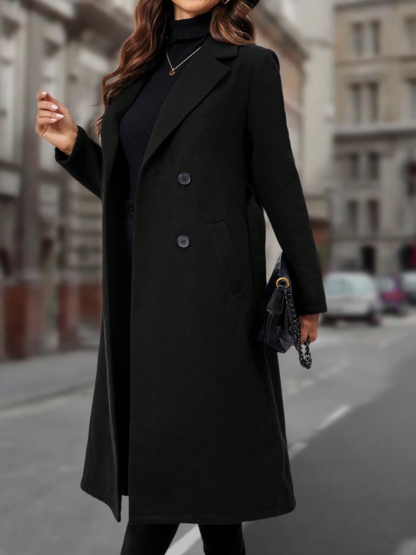 Romina Women’s Long Coat – Double-Breasted with Belted Waist Winter Coat