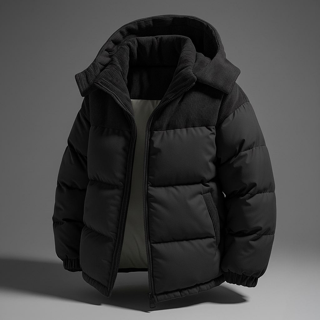 Matteo Men’s Padded Hooded Jacket – Quilted Shell with Corduroy Trim