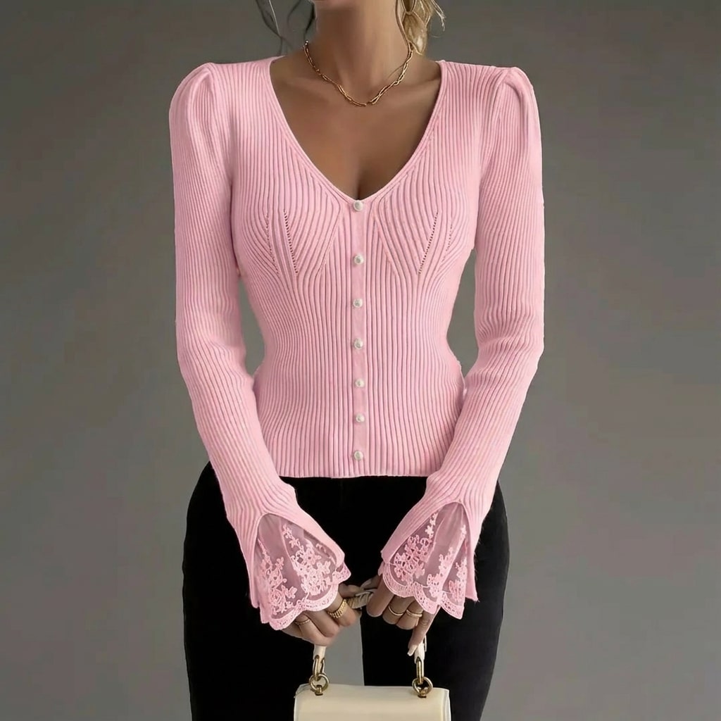 Vicky Women’s Sweater – V-Neck Lace Sleeve Detail Pullover