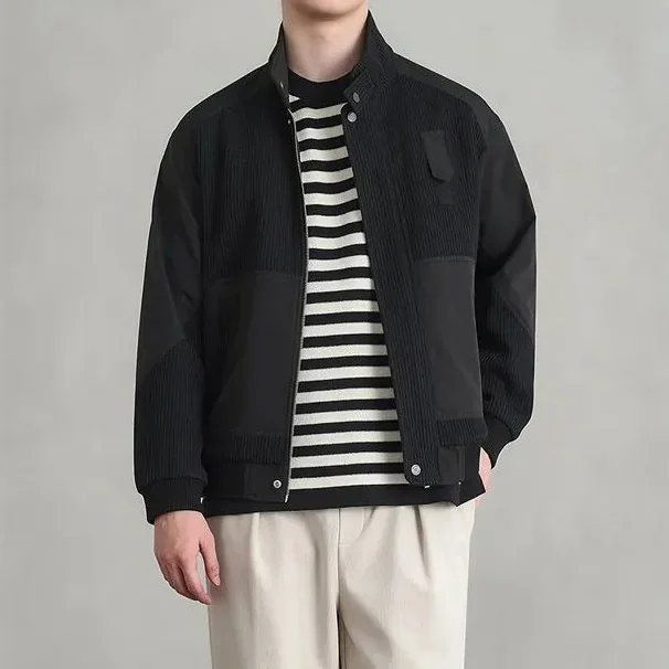 Harrington Stand Collar Men’s Jacket – Patchwork Corduroy Jacket