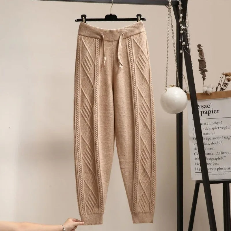 Liora Women’s Knit Joggers – Diamond Cable Knit Pants with Adjustable Waist