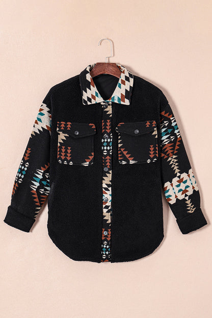 Black Fleece Shacket with Aztec Print - Trendy and Comfortable