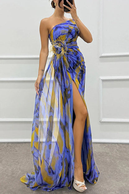 Sierra One-Shoulder Maxi Dress – Bold Print with Side Slit for Summer Events