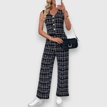 Priah Women’s Lounge Set – Checked Two-Piece with V-Neck Top & Pants