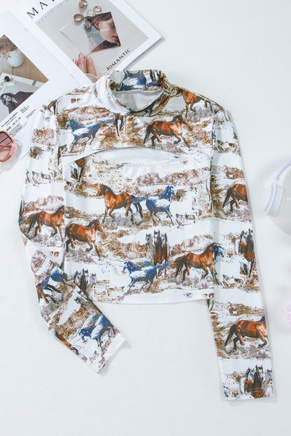 Stylish Brown High Neck Top with Western Horse Print
