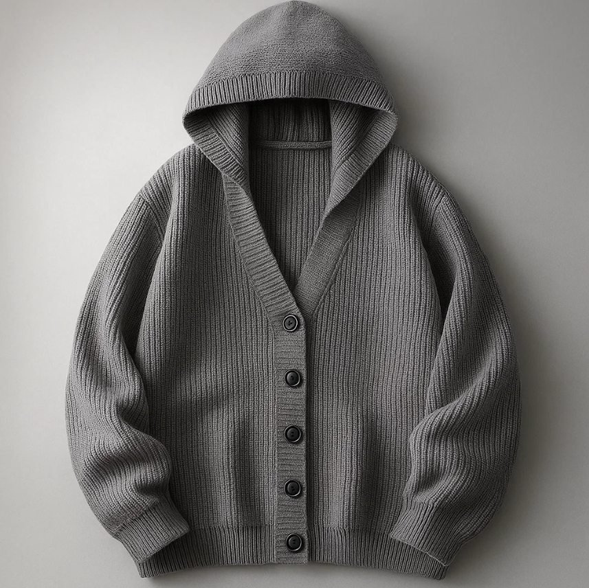 Soren Men’s Hooded Knit Cardigan – Ribbed Cotton Layering Piece