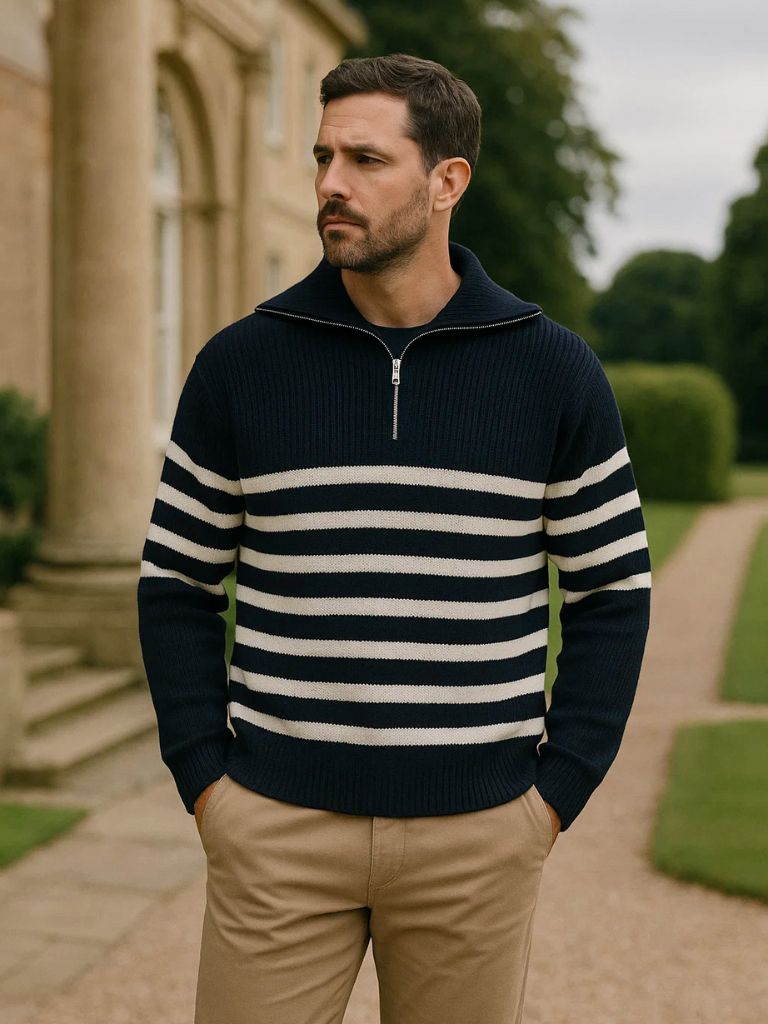 Liam Men’s Half Zip Sweater – Striped Knit Pullover